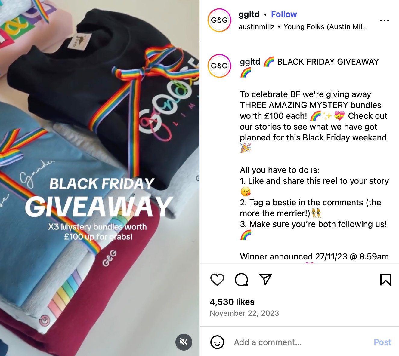 Folded sweatshirts with rainbow ribbon bundles promoting a Black Friday giveaway