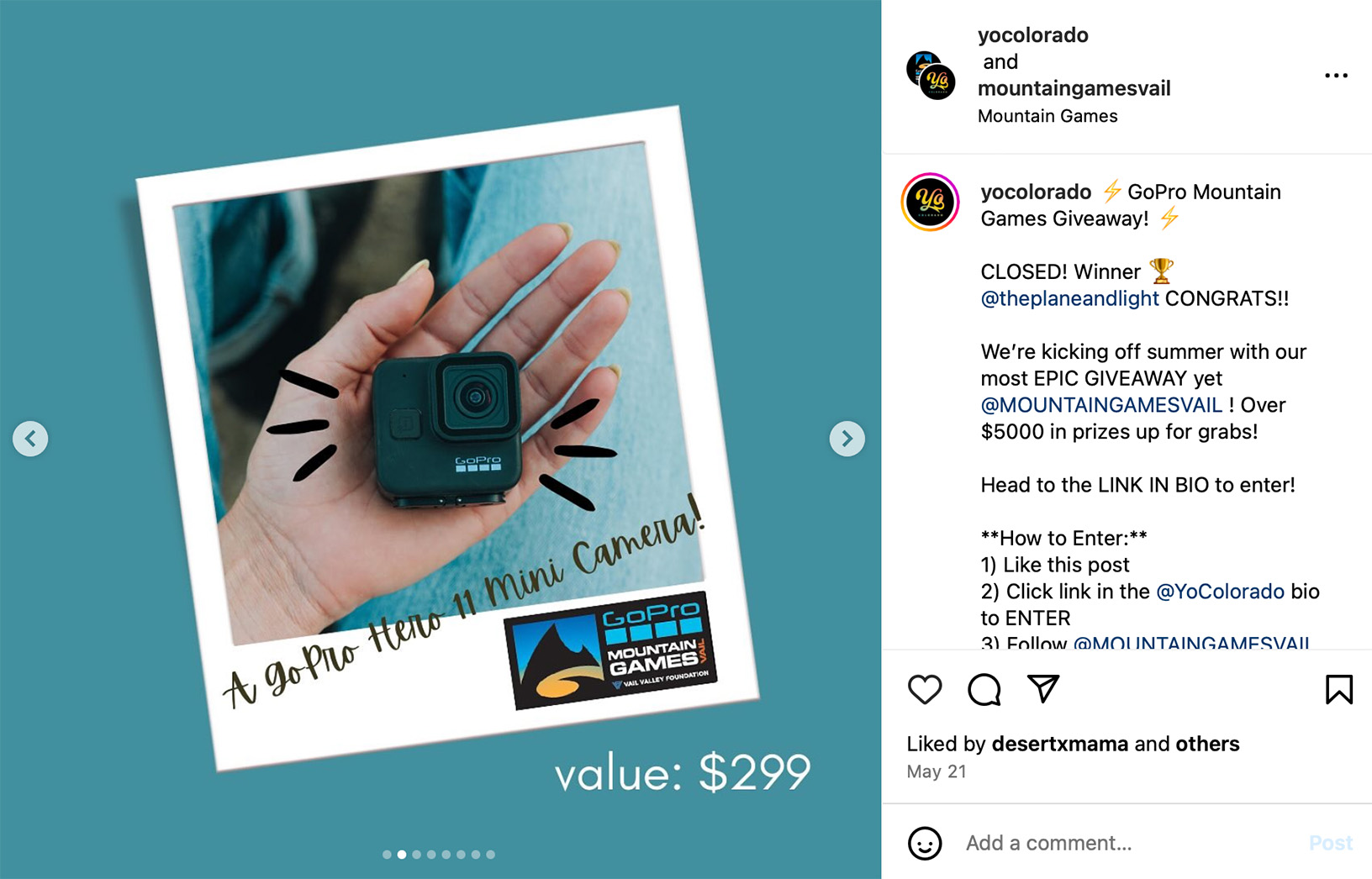 Instagram post promoting a GoPro camera giveaway for adventure seekers