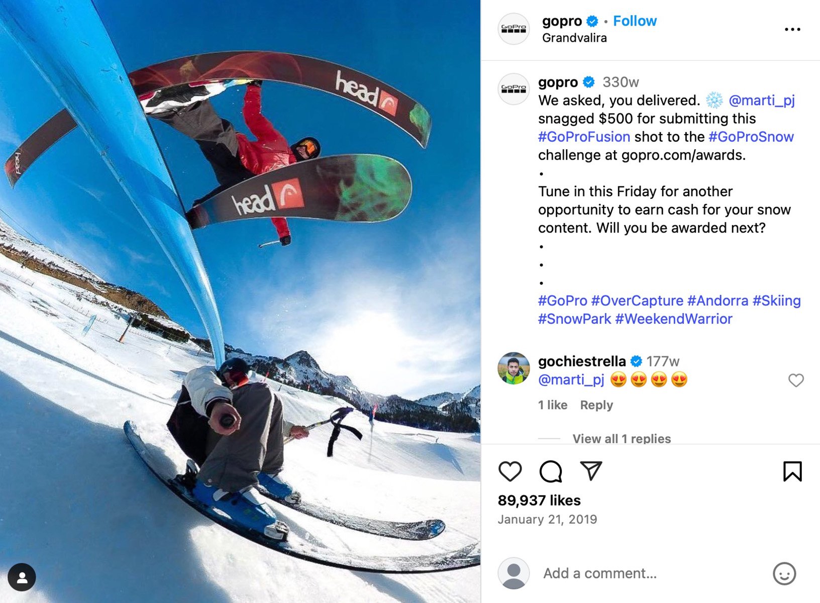 GoPro Instagram post featuring an action shot and promotional giveaway