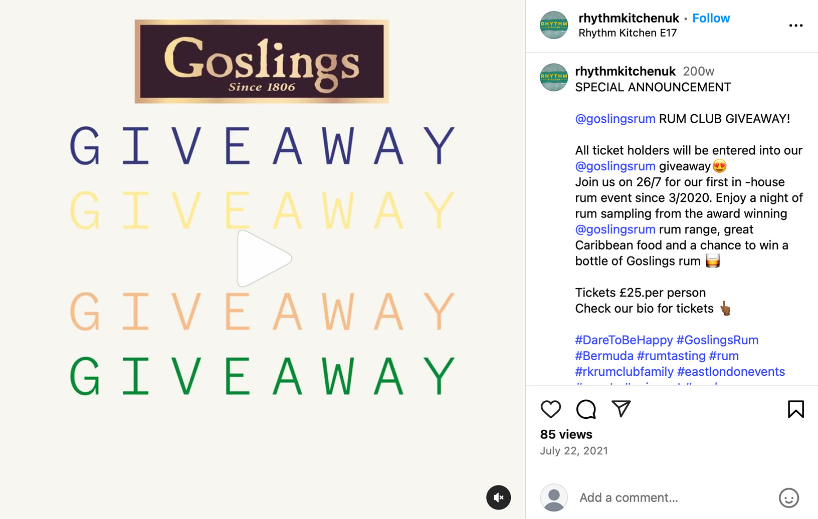 Goslings Instagram post featuring a branded spirits giveaway with product imagery and lifestyle styling