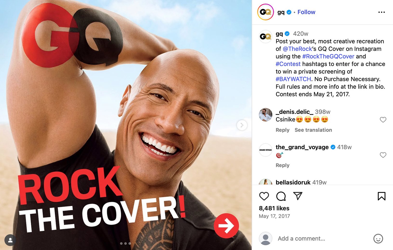 GQ contest promo featuring The Rock smiling with GQ tattoo on arm