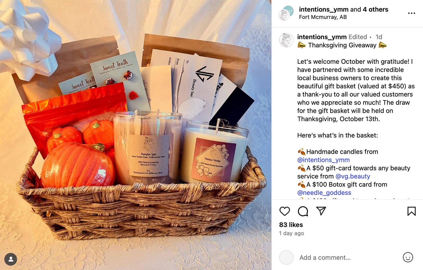 Thanksgiving giveaway gift basket with candles, snacks, and gift cards from local businesses