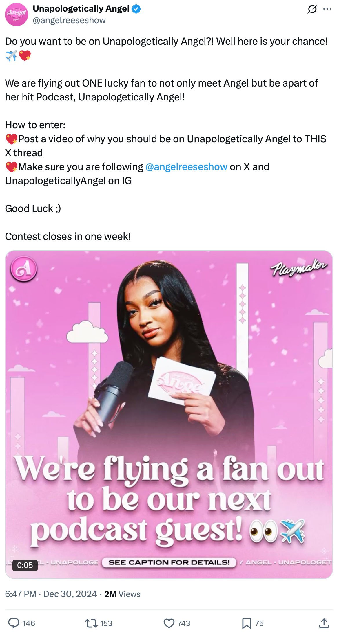 Twitter giveaway post by Unapologetically Angel flying out a fan to be the next podcast guest