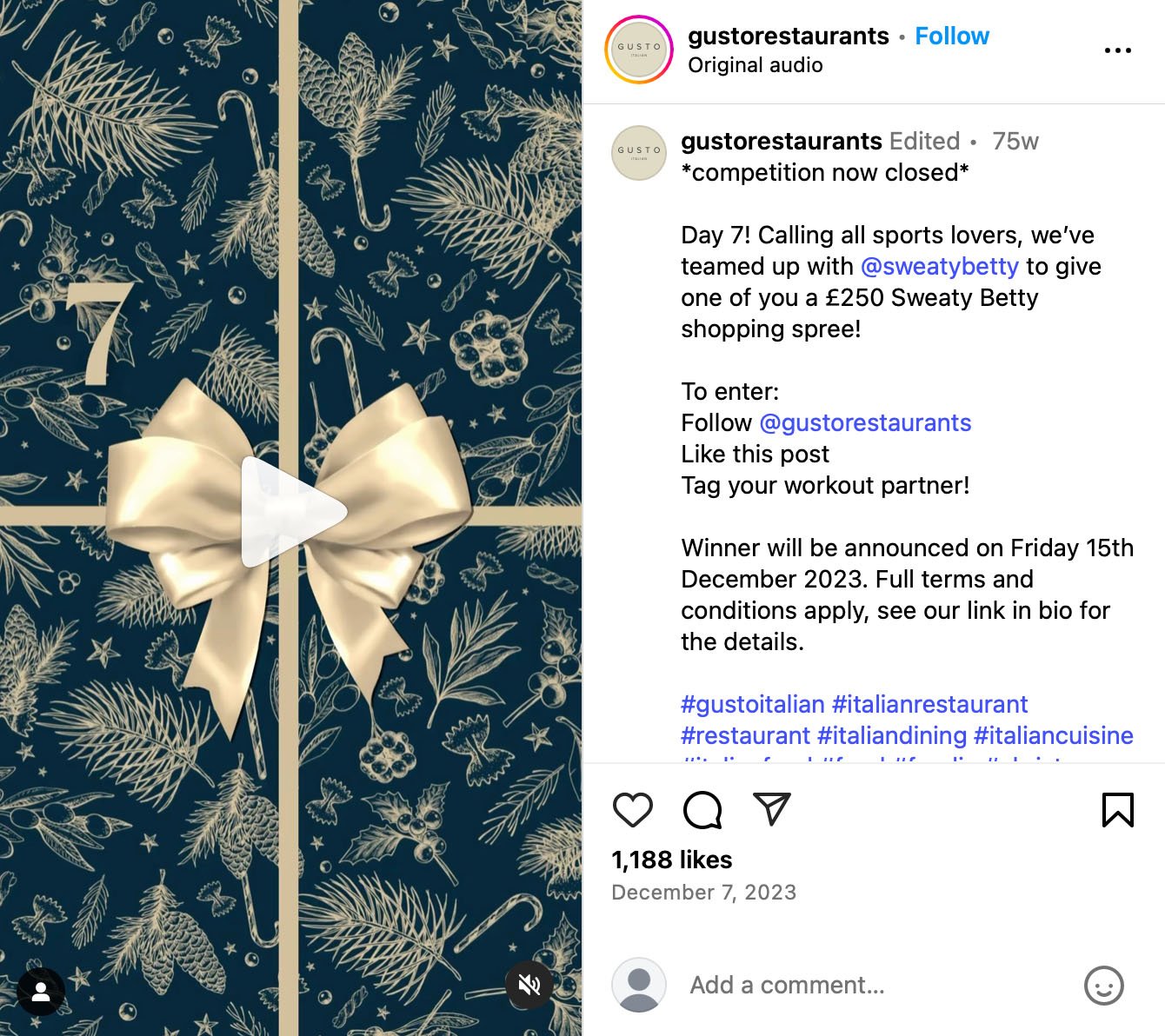 Gusto Instagram post featuring a restaurant giveaway with vibrant food presentation and brand styling