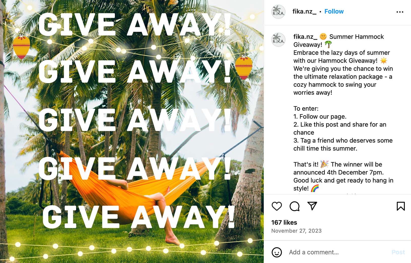 Instagram post promoting a hammock giveaway for outdoor relaxation