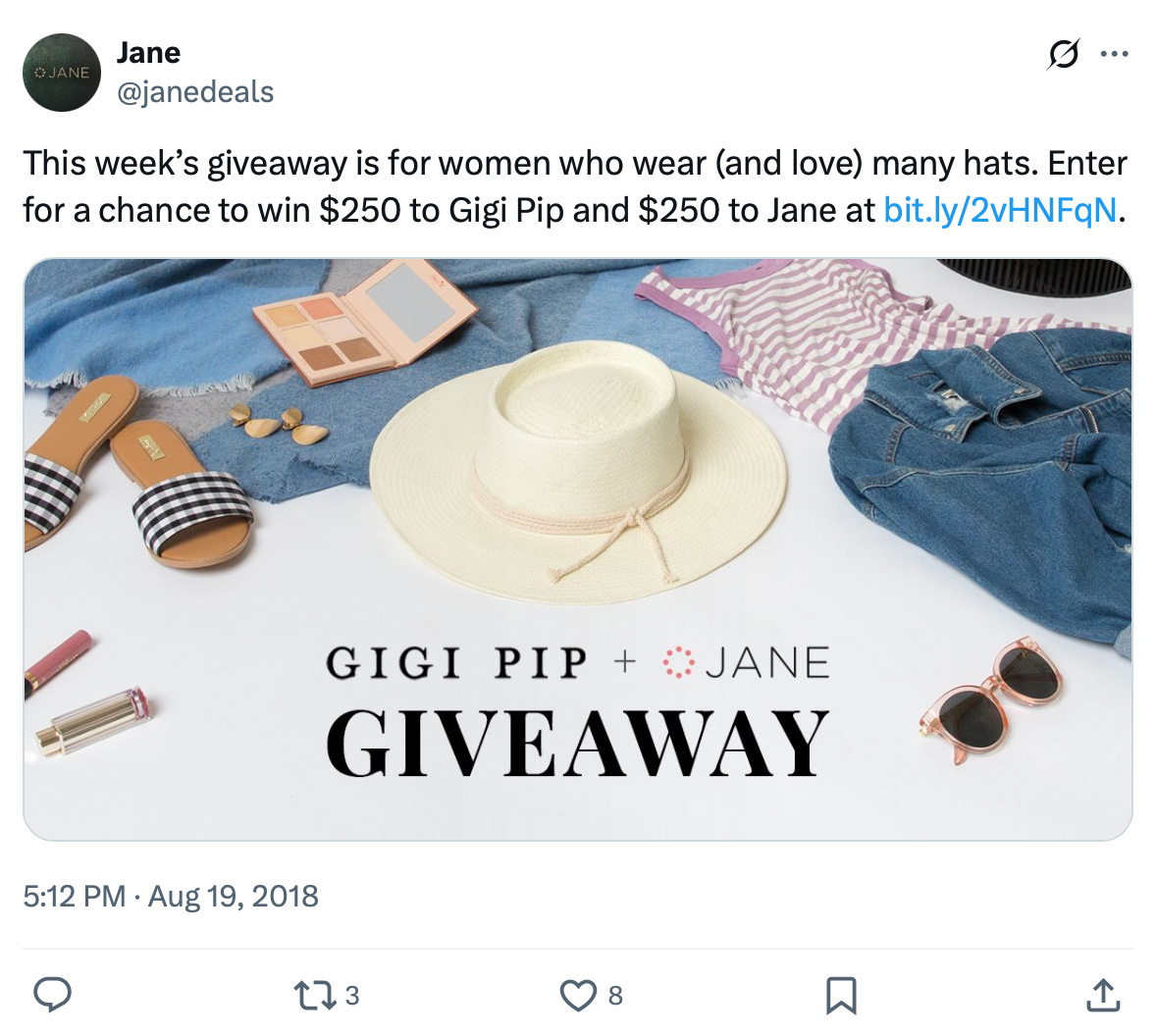 Twitter giveaway post featuring a sunhat, makeup, sunglasses, and accessories with Gigi Pip and Jane branding