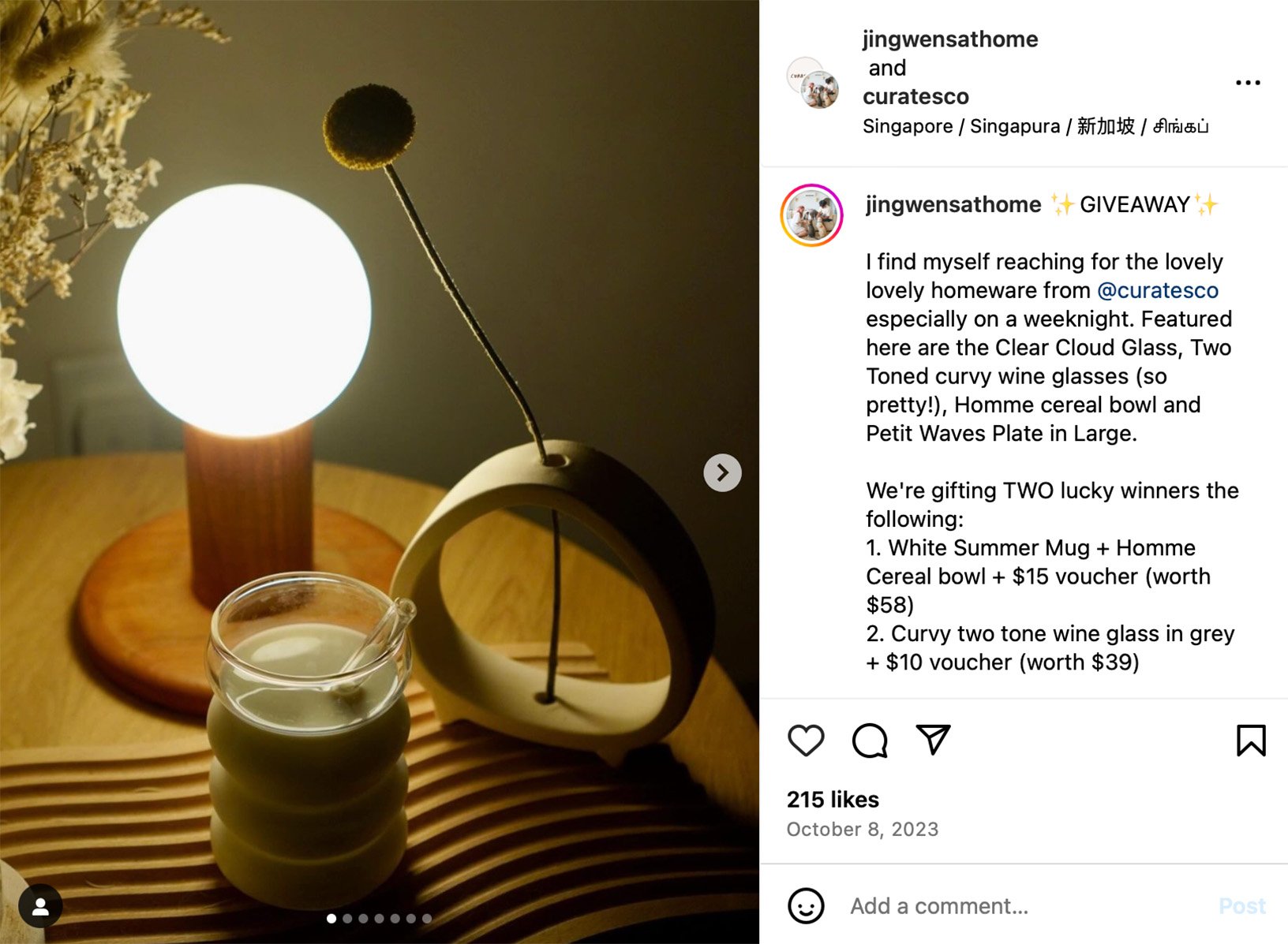 Home and lifestyle giveaway example on Instagram