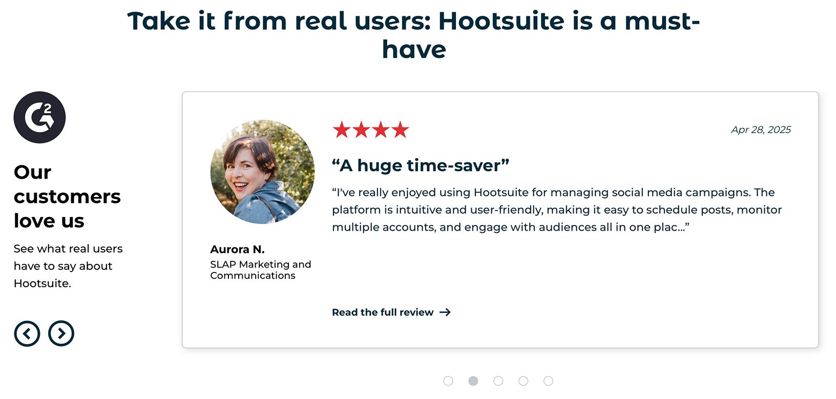 Customer testimonial for Hootsuite highlighting its time-saving features and user-friendly interface