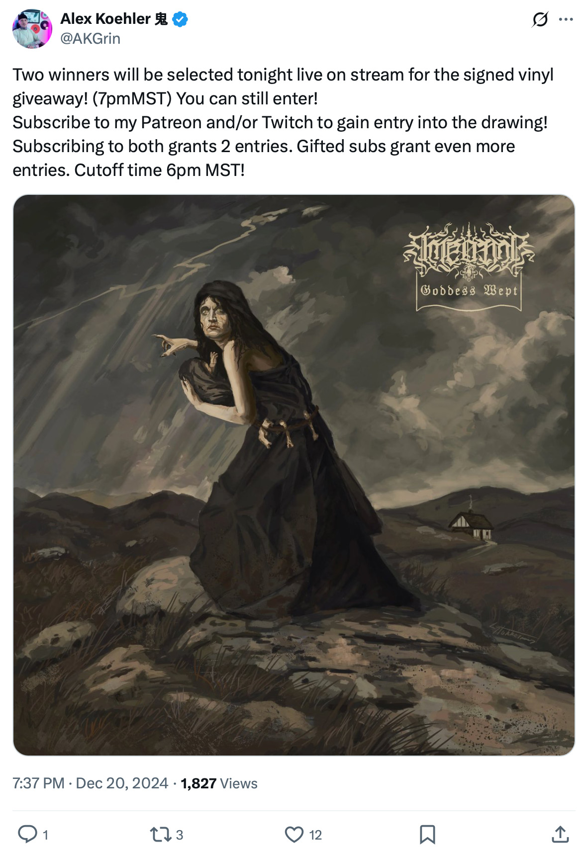 Tweet by @AKGrin promoting a signed vinyl giveaway via Patreon and Twitch, with gothic artwork for the album 'Goddess Wept'