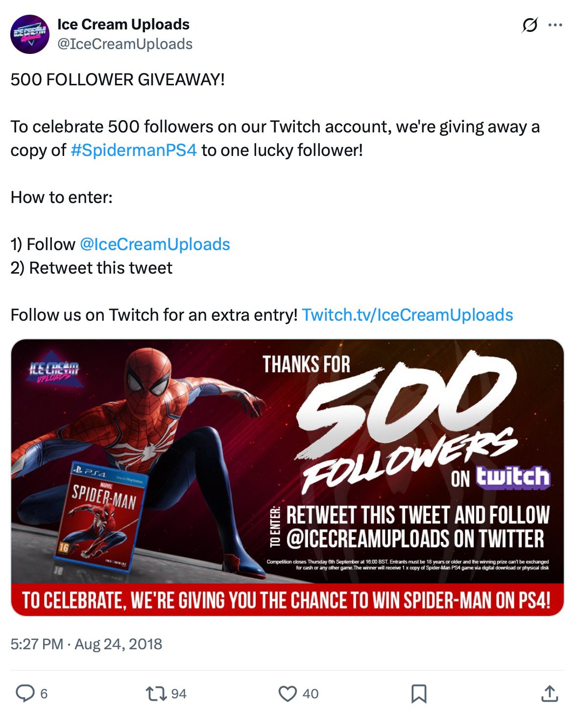 Twitter post by Ice Cream Uploads celebrating 500 Twitch followers with a Spider-Man PS4 giveaway
