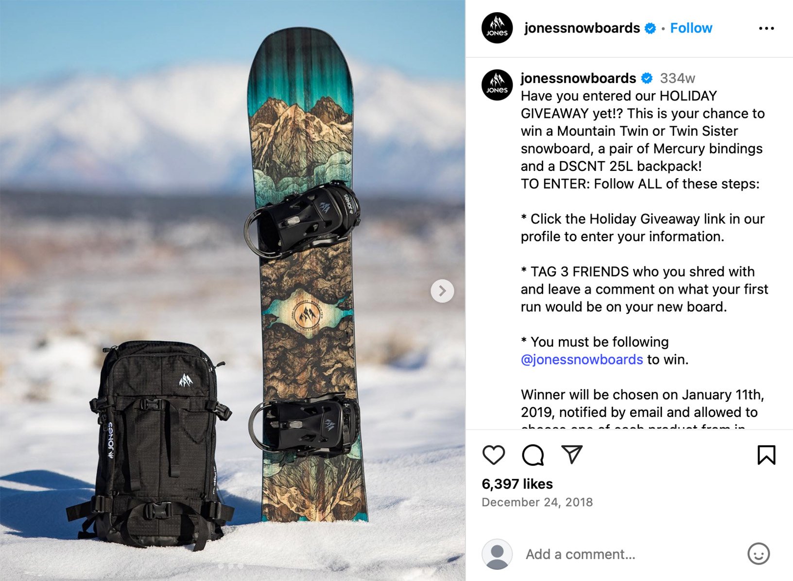 Instagram post featuring a winter travel giveaway or snowy lifestyle scene