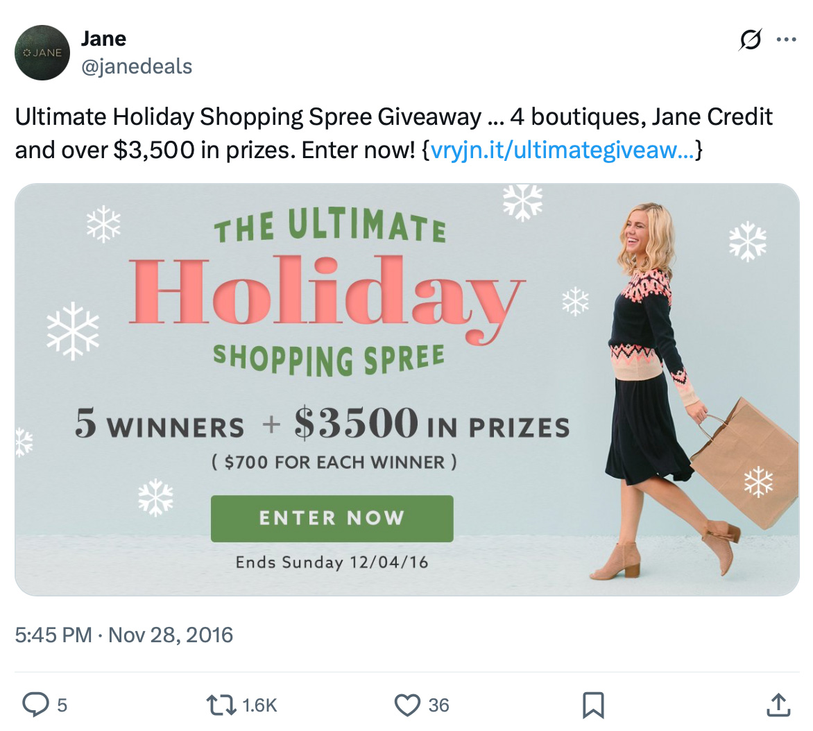 Twitter giveaway post by Jane promoting a holiday shopping spree with five winners and $3,500 in prizes