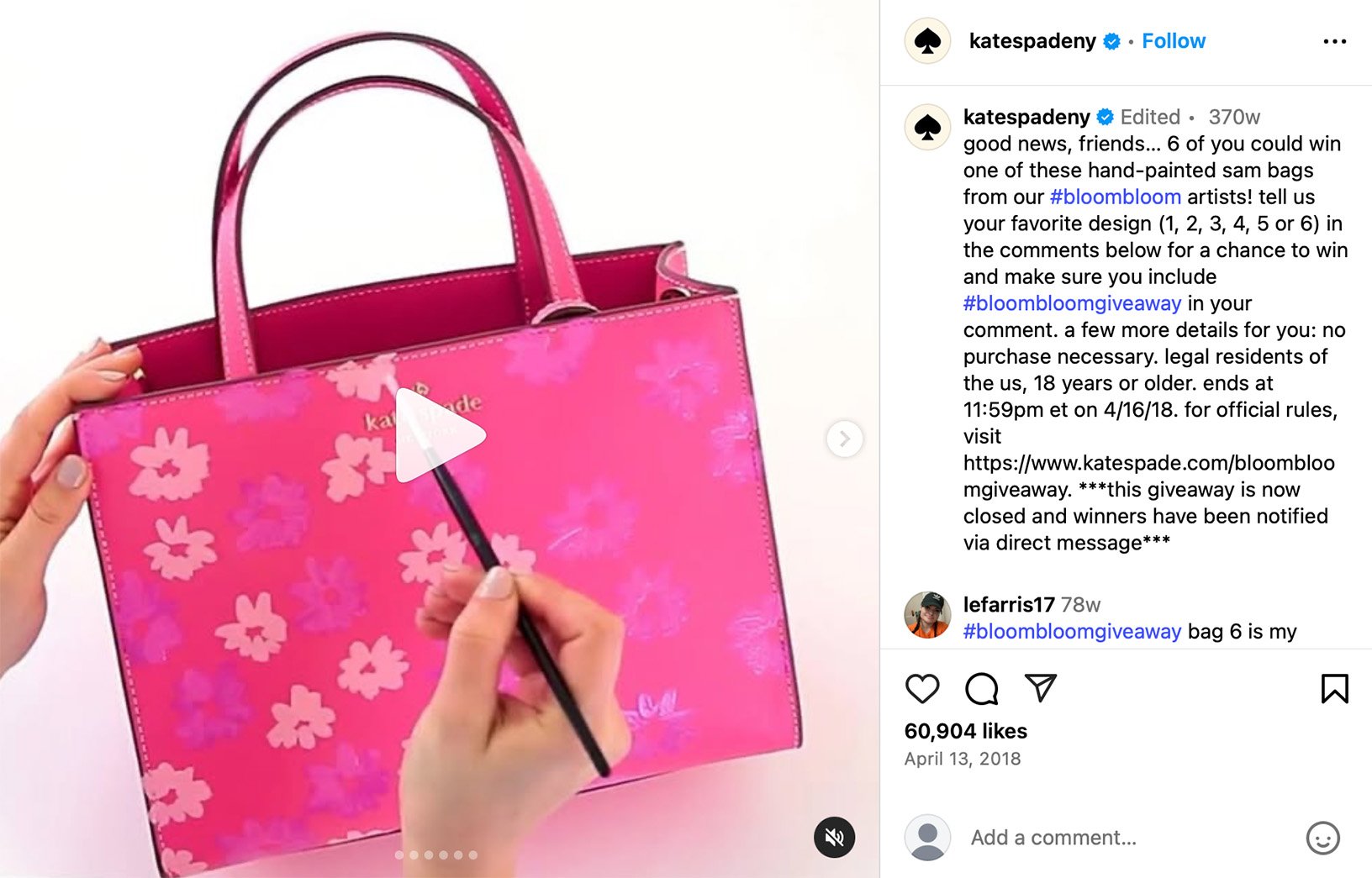 Kate Spade Instagram post promoting a giveaway featuring handbags and accessories