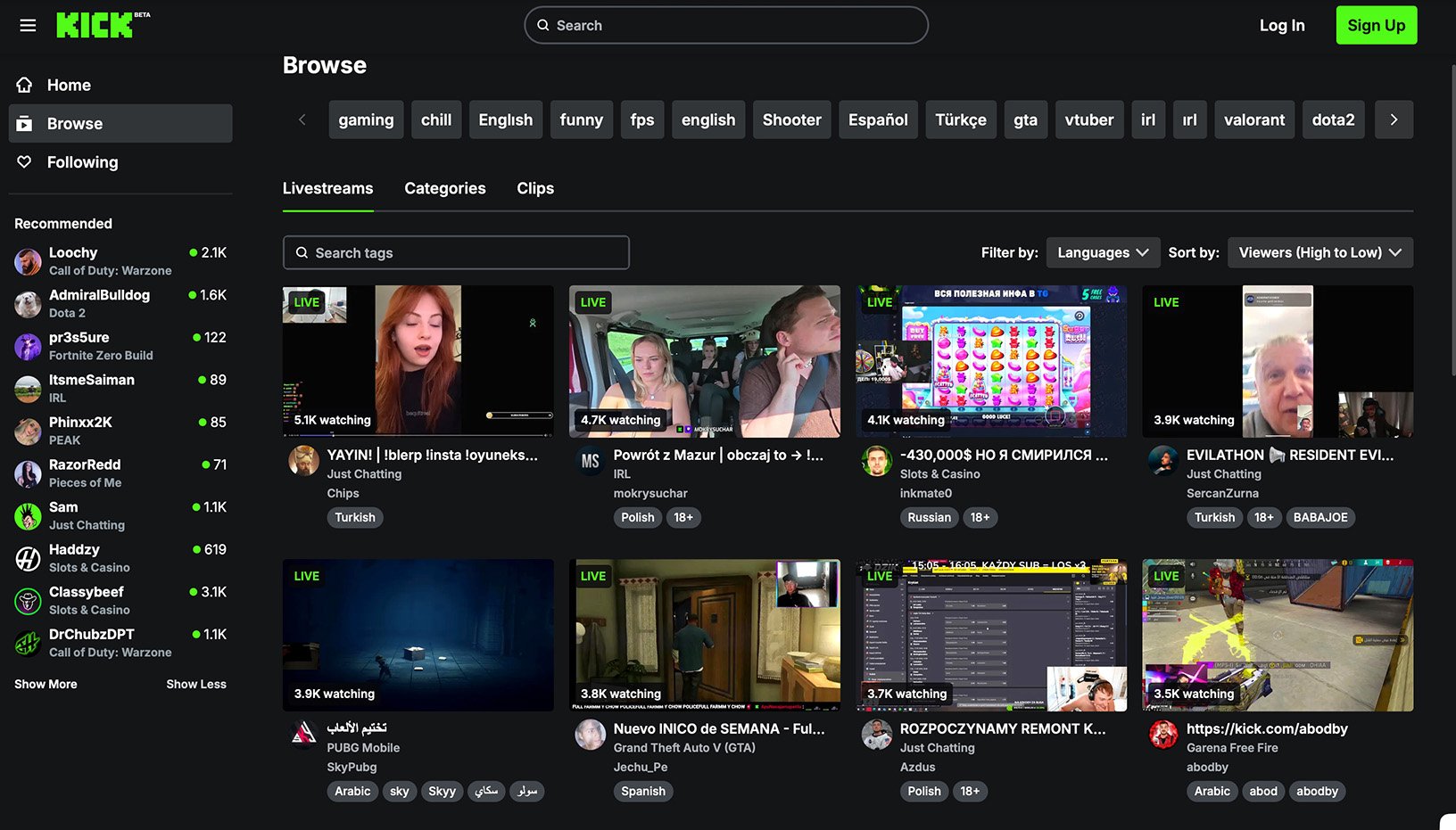 Kick browse page showing trending livestreams with filters by language, category, and viewer count