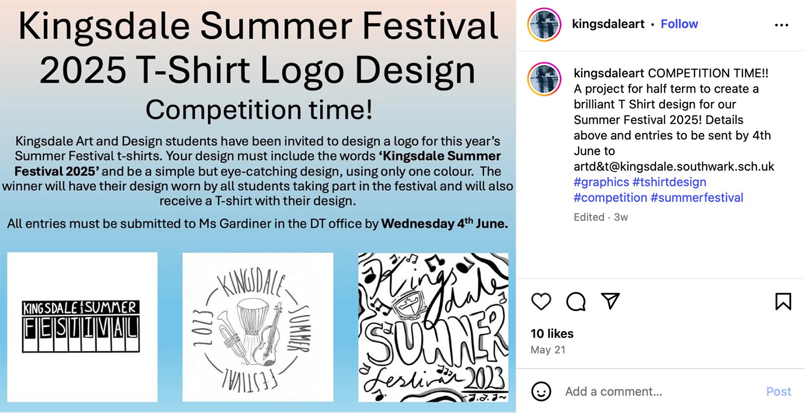 Instagram competition post calling for Kingsdale students to design a 2025 summer festival T-shirt logo