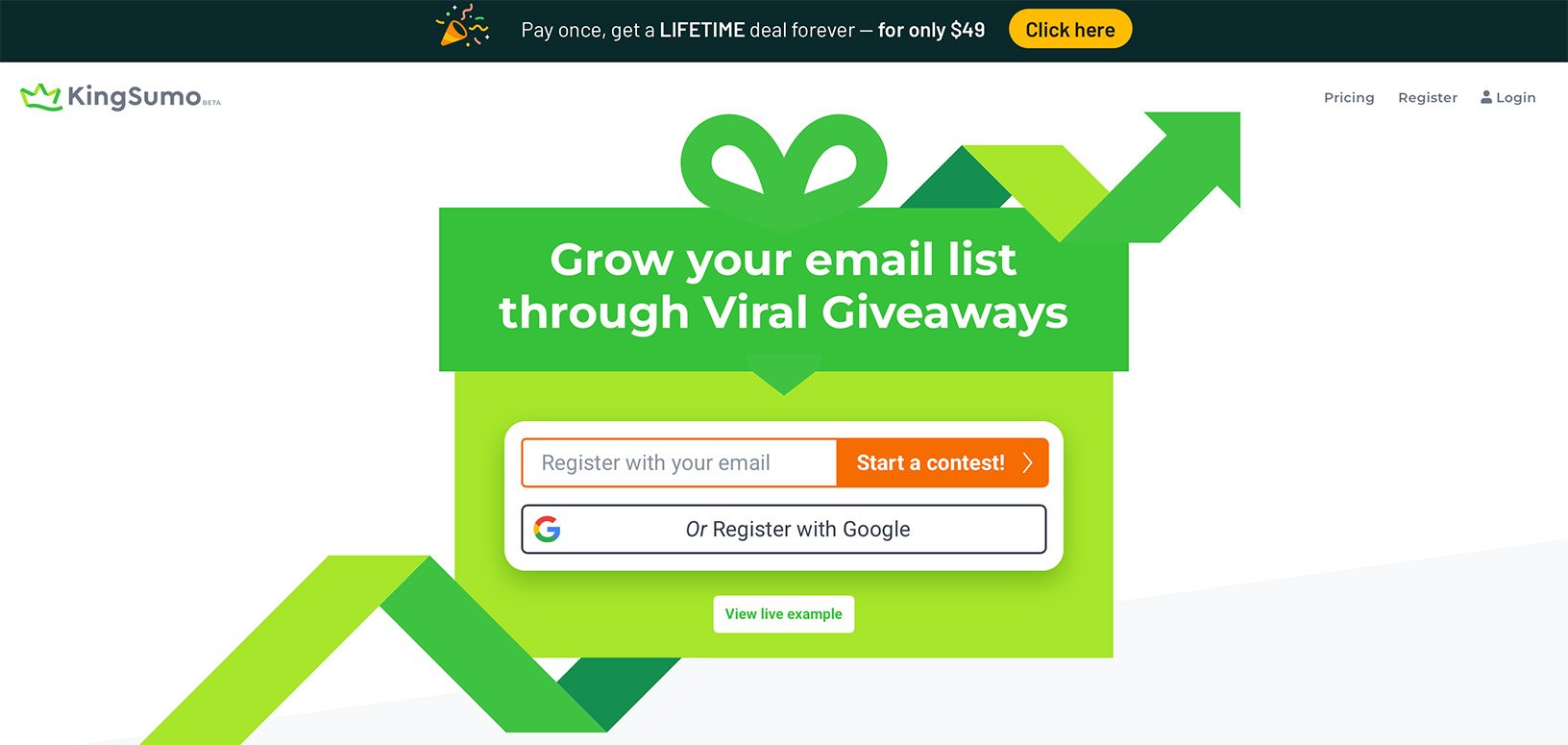 KingSumo homepage promoting viral giveaways with an email signup form and green arrow design