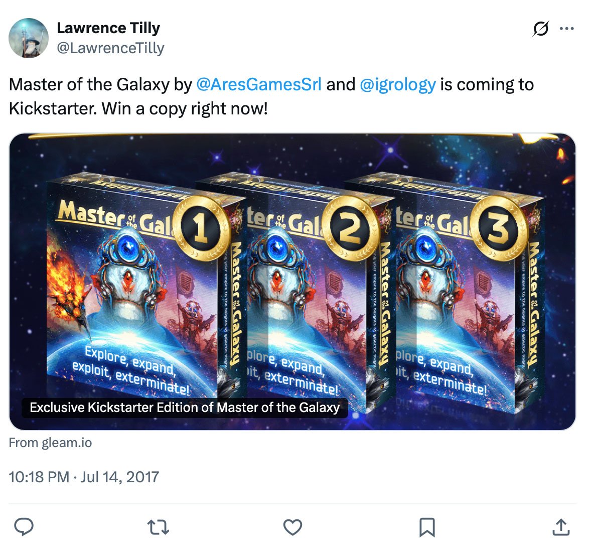 Three boxed editions of Master of the Galaxy board game with numbered badges and tagline 'Explore, expand, exploit, exterminate!'