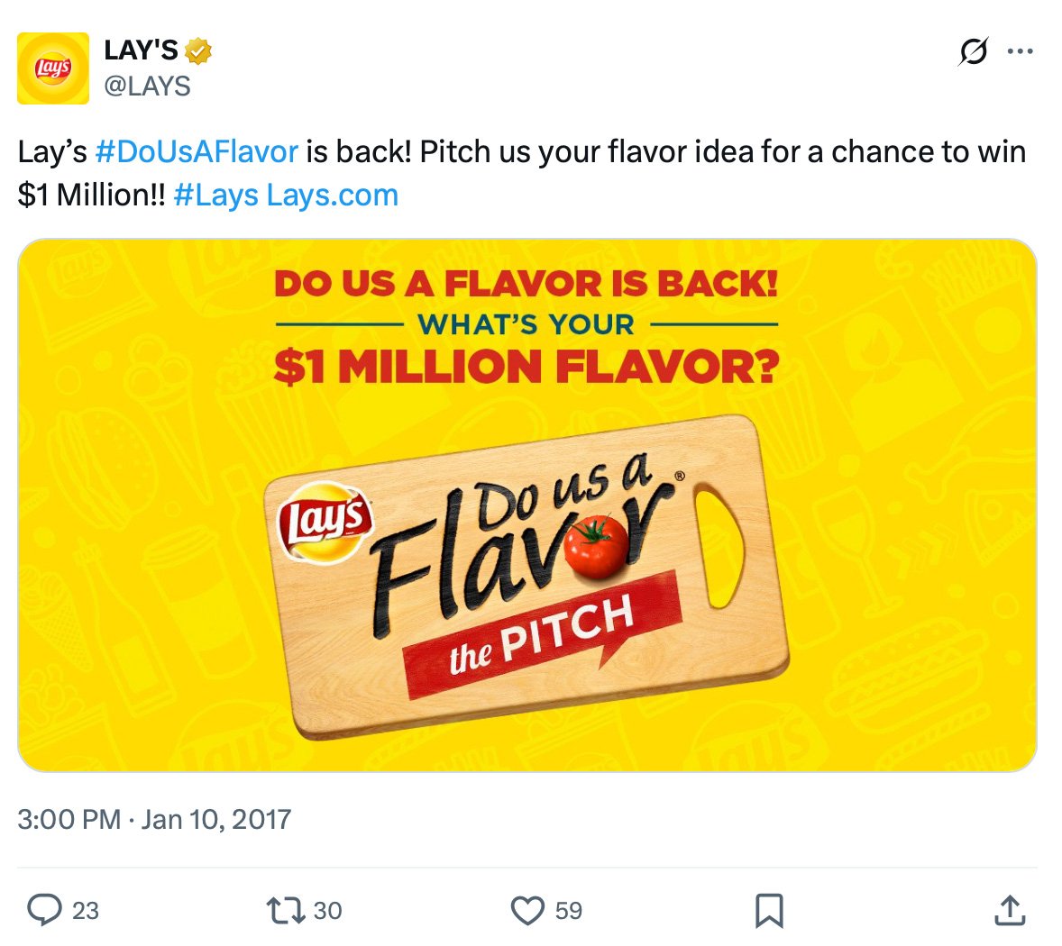 Promotional banner for Lay’s Do Us A Flavor contest, asking people to pitch their flavor idea for a chance to win $1 million