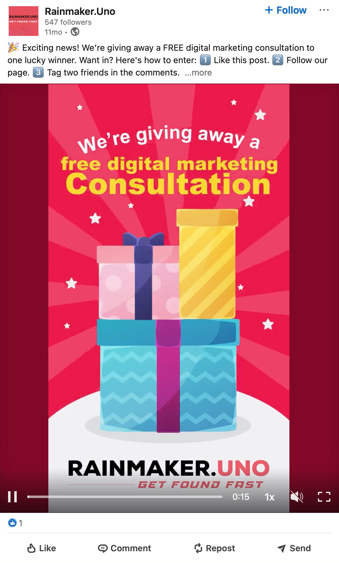 LinkedIn giveaway post offering a free digital marketing consultation with colourful gift boxes on a red background