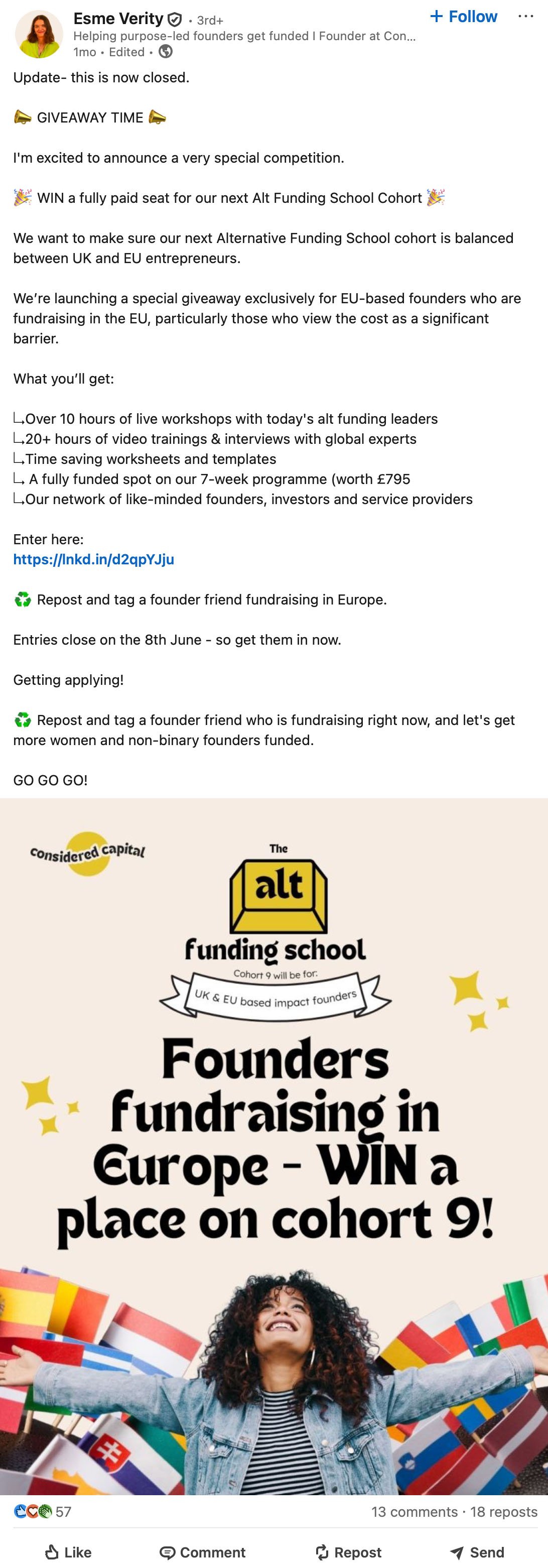 LinkedIn giveaway post by Esme Verity offering a fully funded place on the Alt Funding School for EU-based founders