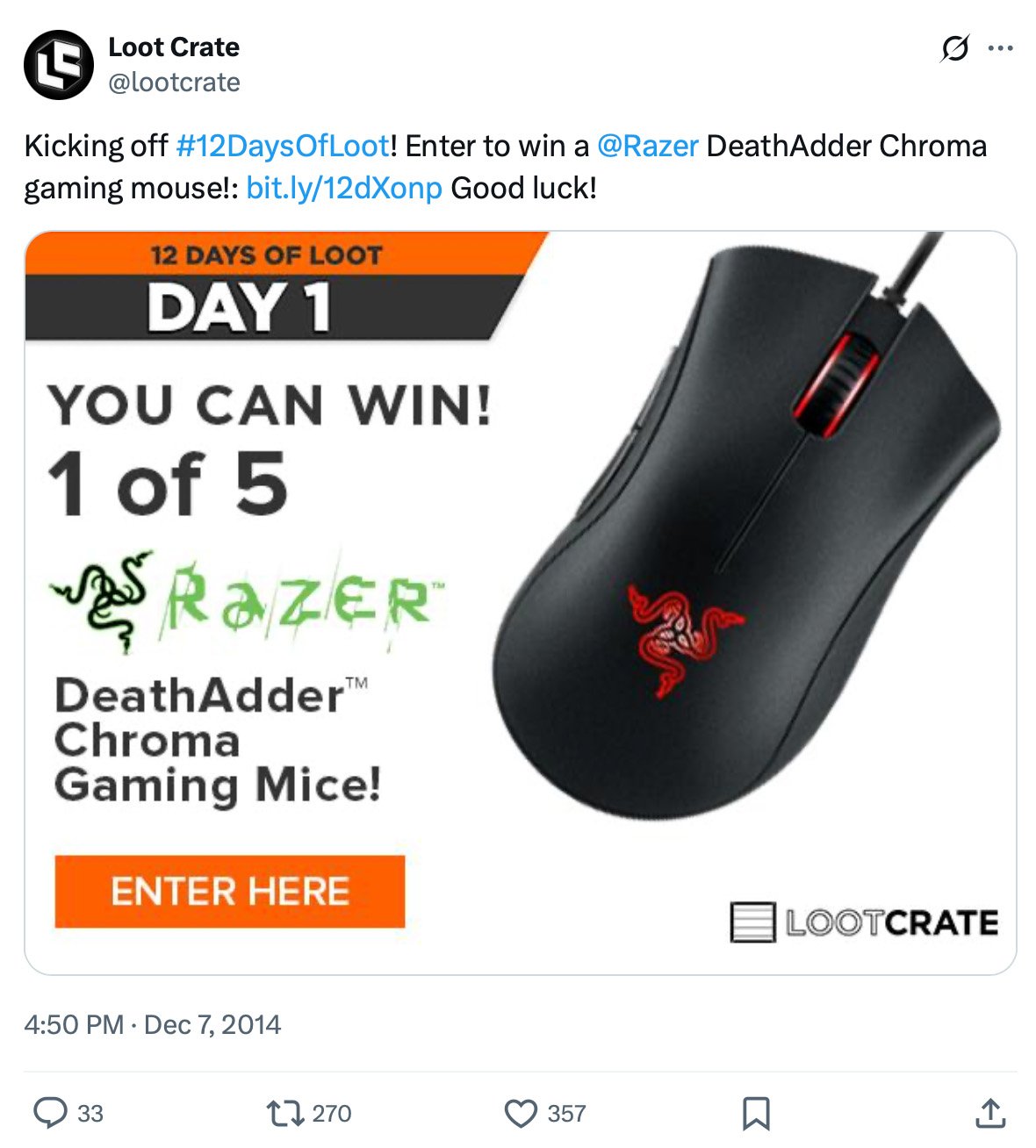Loot Crate giveaway promotion on Twitter