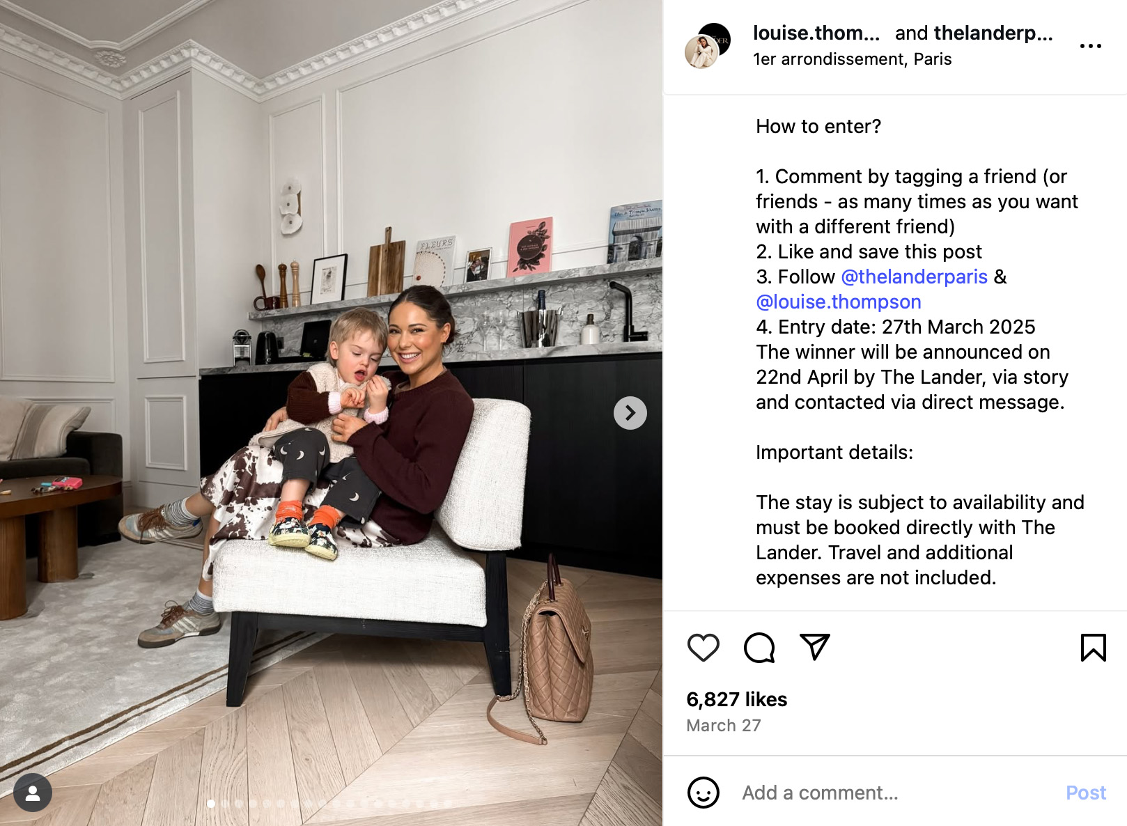 Louise Thompson sitting in a Paris apartment with her child, promoting a stay giveaway