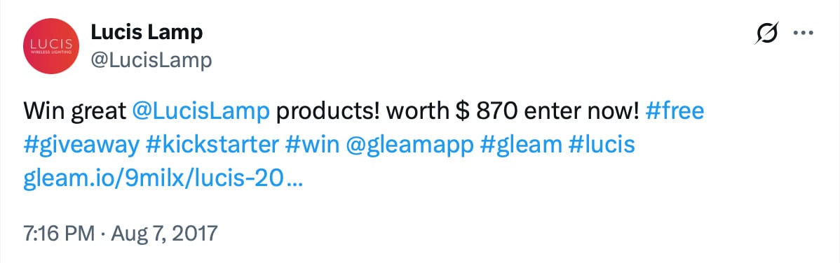 Twitter campaign for Lucis Lamp promotional giveaway Lucis Lamp giveaway promotion on Twitter