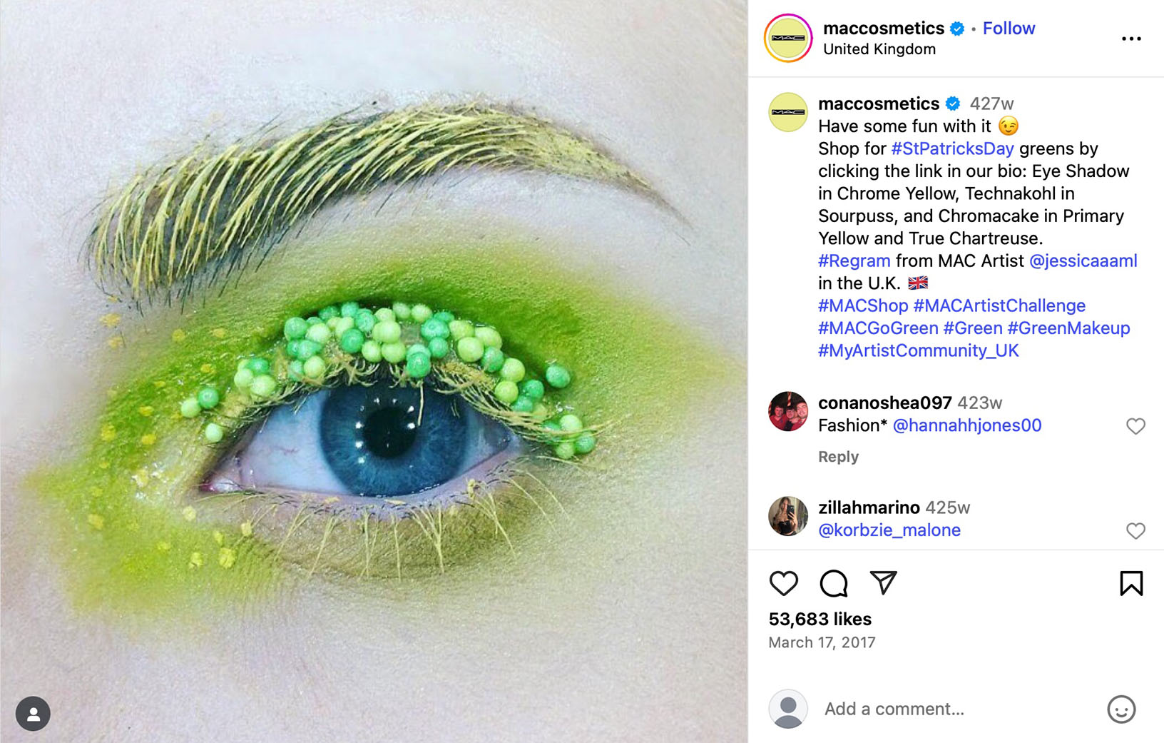 Close-up of an artistic green eye makeup look with lime-toned eyeshadow and textured beads across the lashes