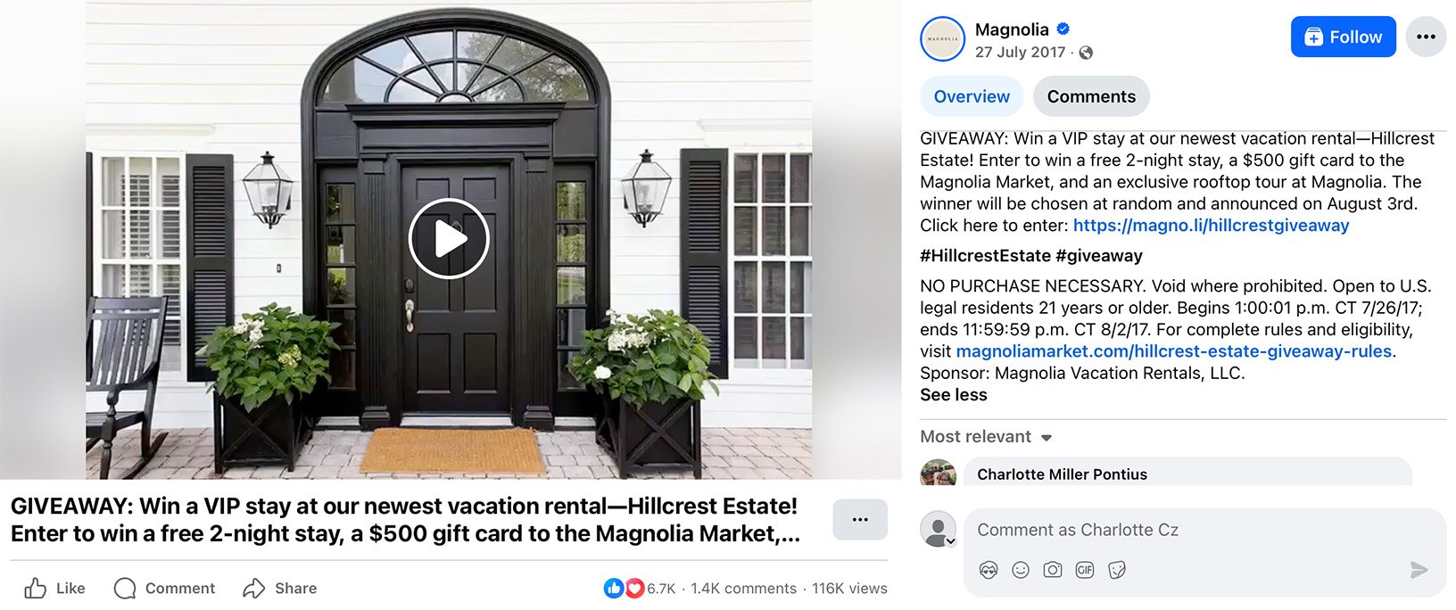 Front door of the Hillcrest Estate with caption promoting Magnolia's giveaway for a 2-night stay and $500 gift card