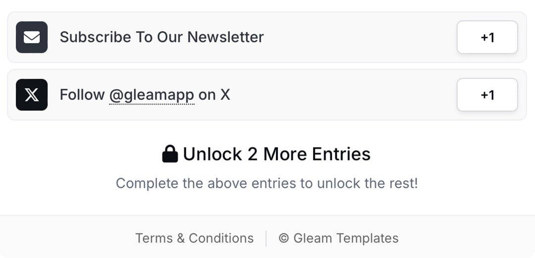 Unlock 2 more entries' when you complete mandatory actions on the Gleam Competitions widget