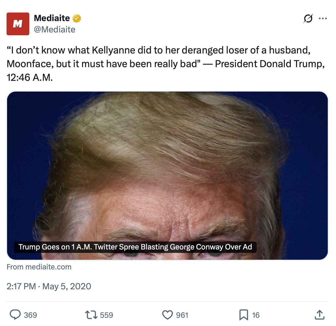 Mediaite tweet showing Trump's late night tweet about Kellyanne and George Conway