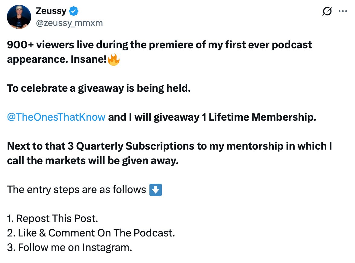Twitter giveaway post by Zeussy offering lifetime membership and quarterly mentorship subscriptions