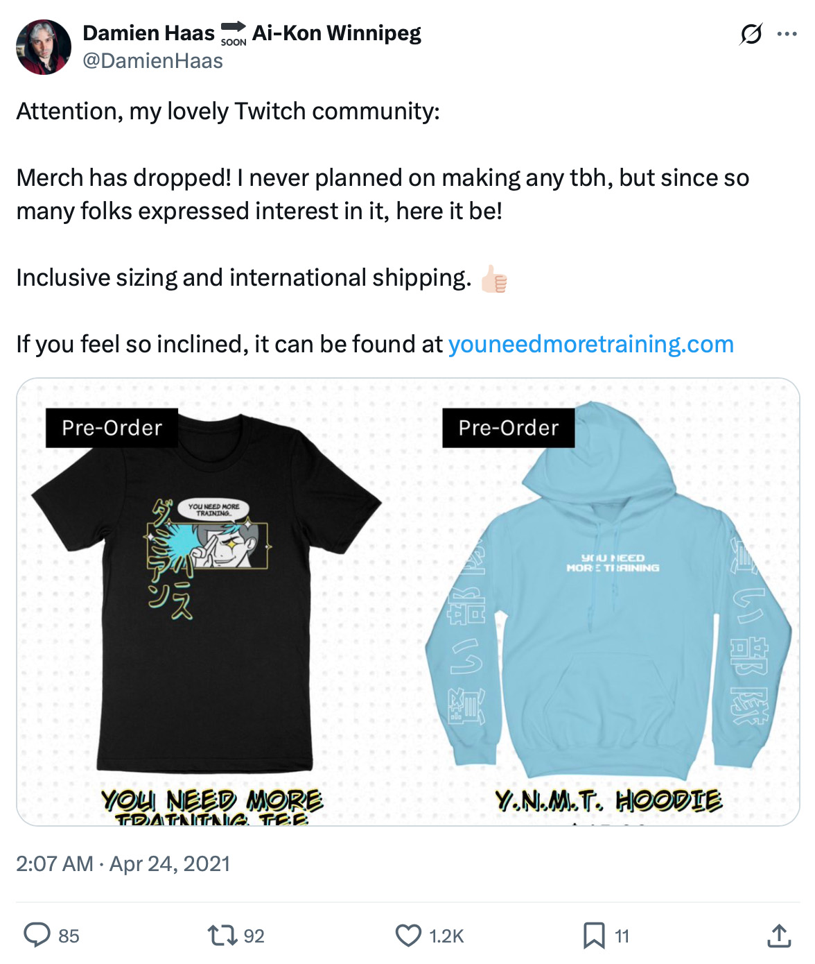 Tweet announcing Twitch merch launch featuring a black t-shirt and blue hoodie with anime-inspired designs
