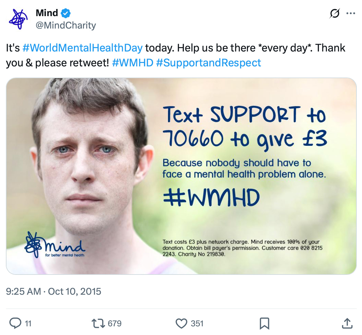 Mind charity tweet encouraging donations via text for World Mental Health Day, featuring a close-up of a man with a serious expression and donation details