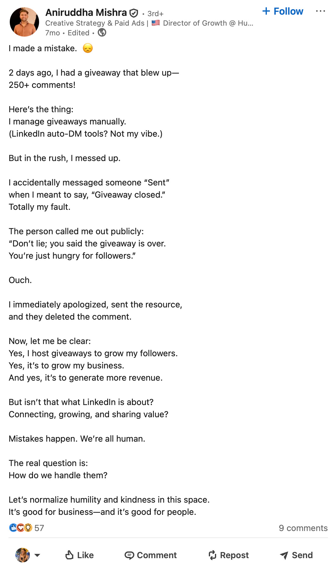 Aniruddha Mishra LinkedIn post about a manual giveaway mistake and how he handled it with honesty and transparency