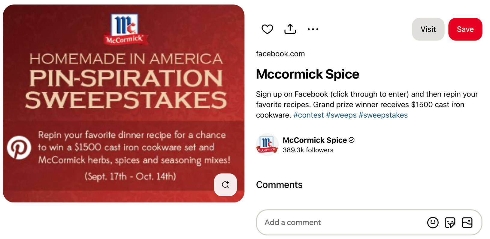 Pinterest giveaway pin by McCormick promoting a recipe contest with branded visuals