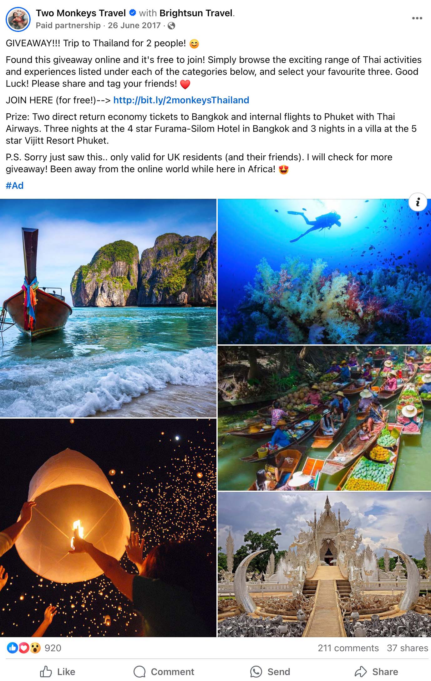 Facebook giveaway post promoting a Thailand trip with collage of scenic Thai destinations
