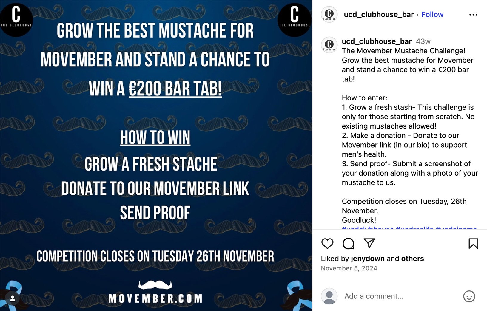 Instagram Movember giveaway post promoting a mustache growing challenge with a €200 bar tab prize