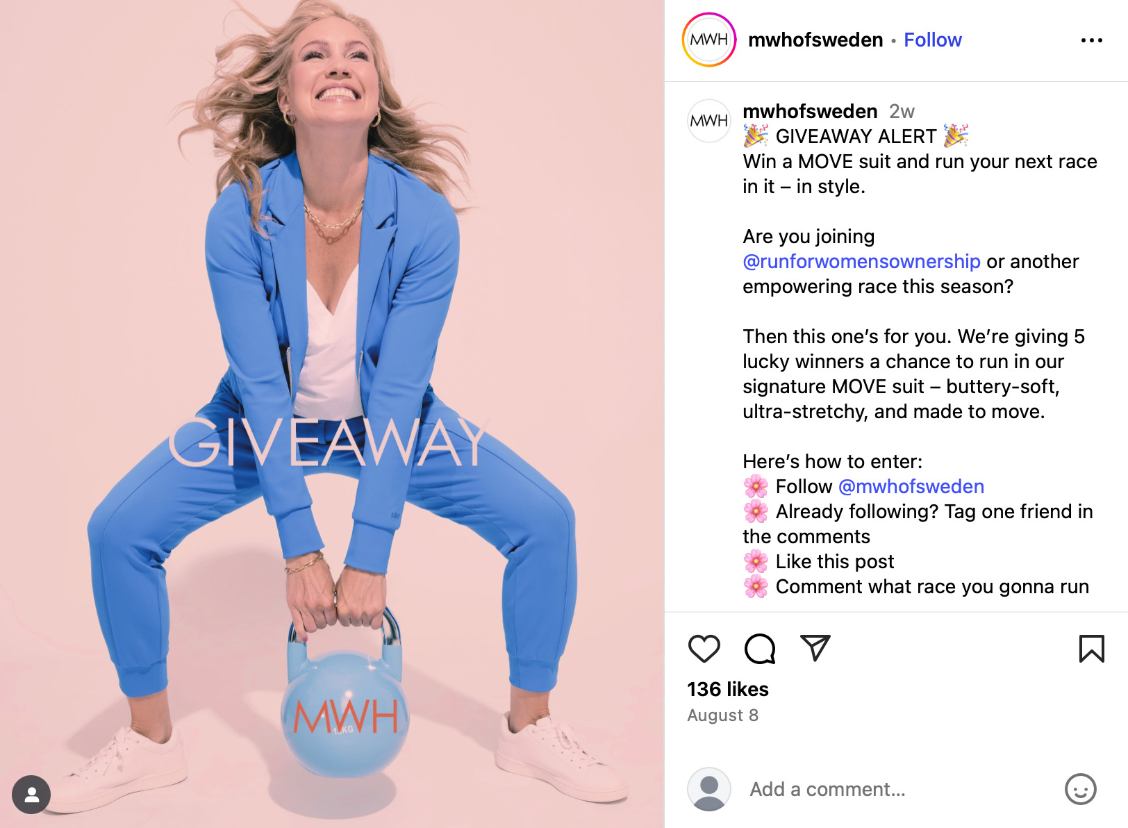 MWH of Sweden giveaway post on Instagram offering 5 winners a MOVE suit for running events
