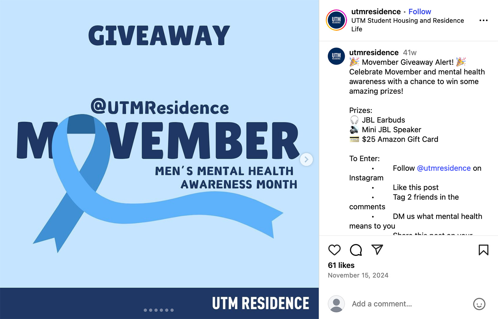 UTM Residence Movember giveaway post promoting men's mental health awareness month with prizes like JBL earbuds, a mini speaker, and an Amazon gift card