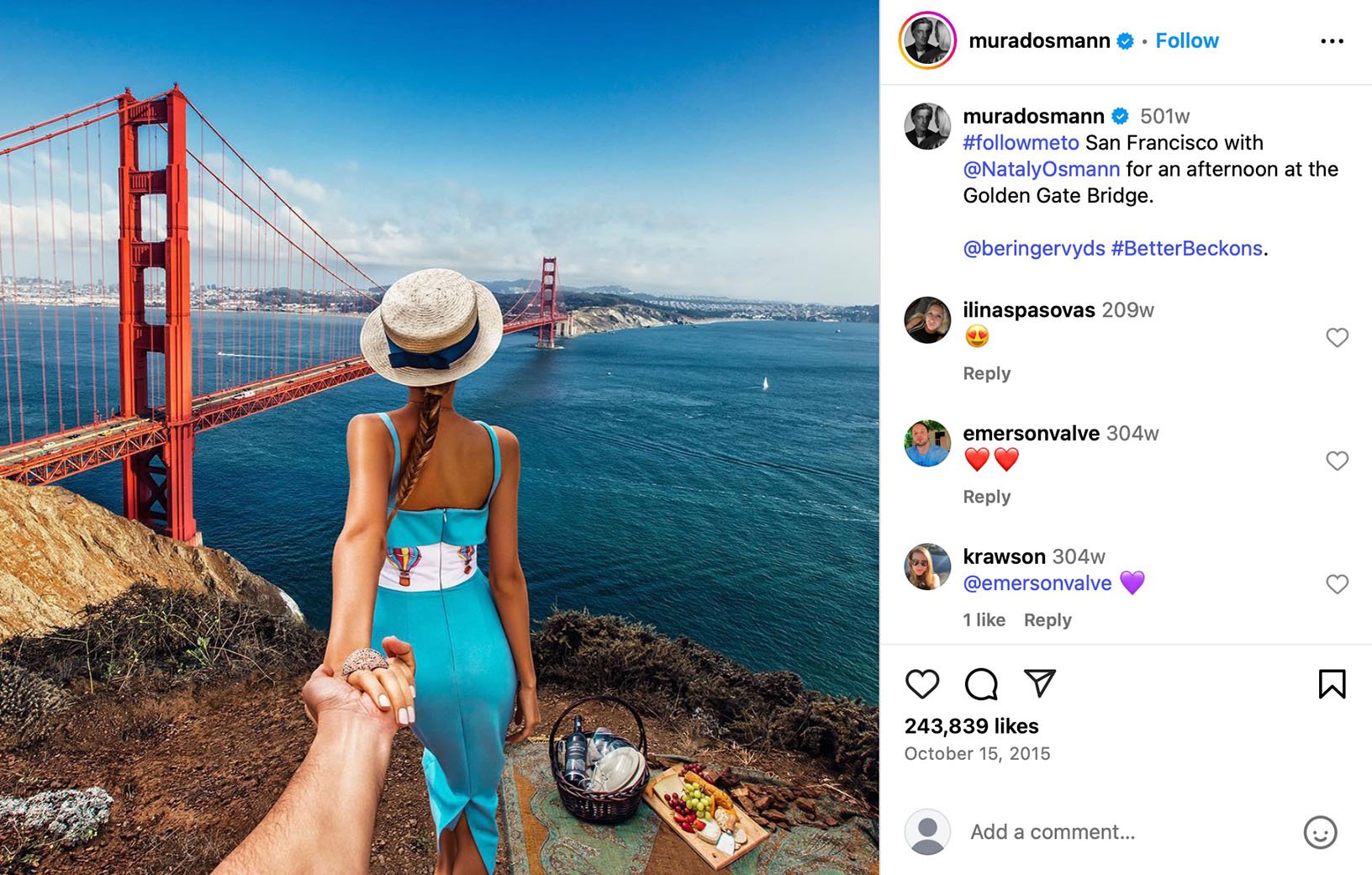 Murad Osmann’s #FollowMeTo photo with Nataly Osmann holding hands in front of the Golden Gate Bridge