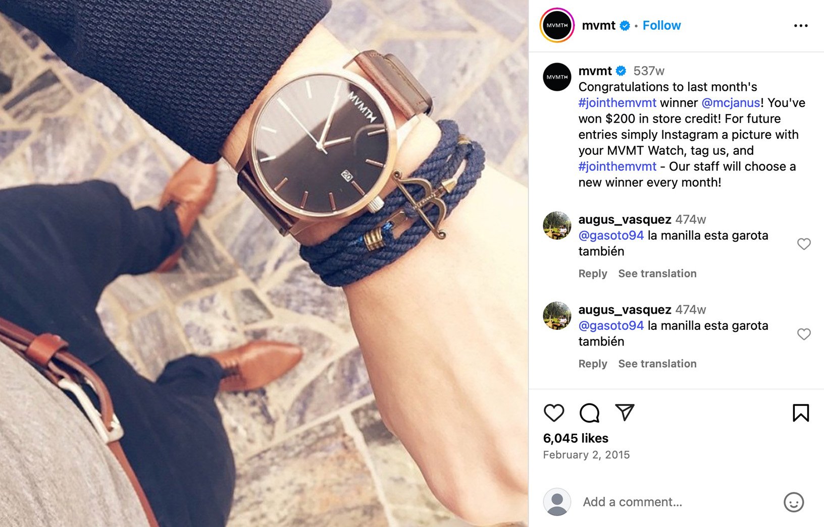 MVMT Instagram post promoting a watch giveaway with sleek, minimalist product styling