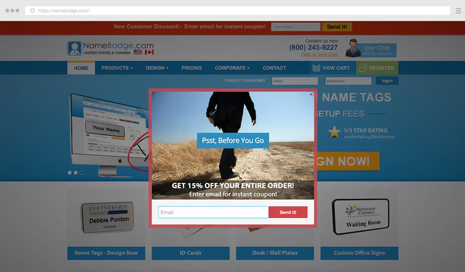 NameBadge.com's Gleam Capture that pops up when users show exit-intent