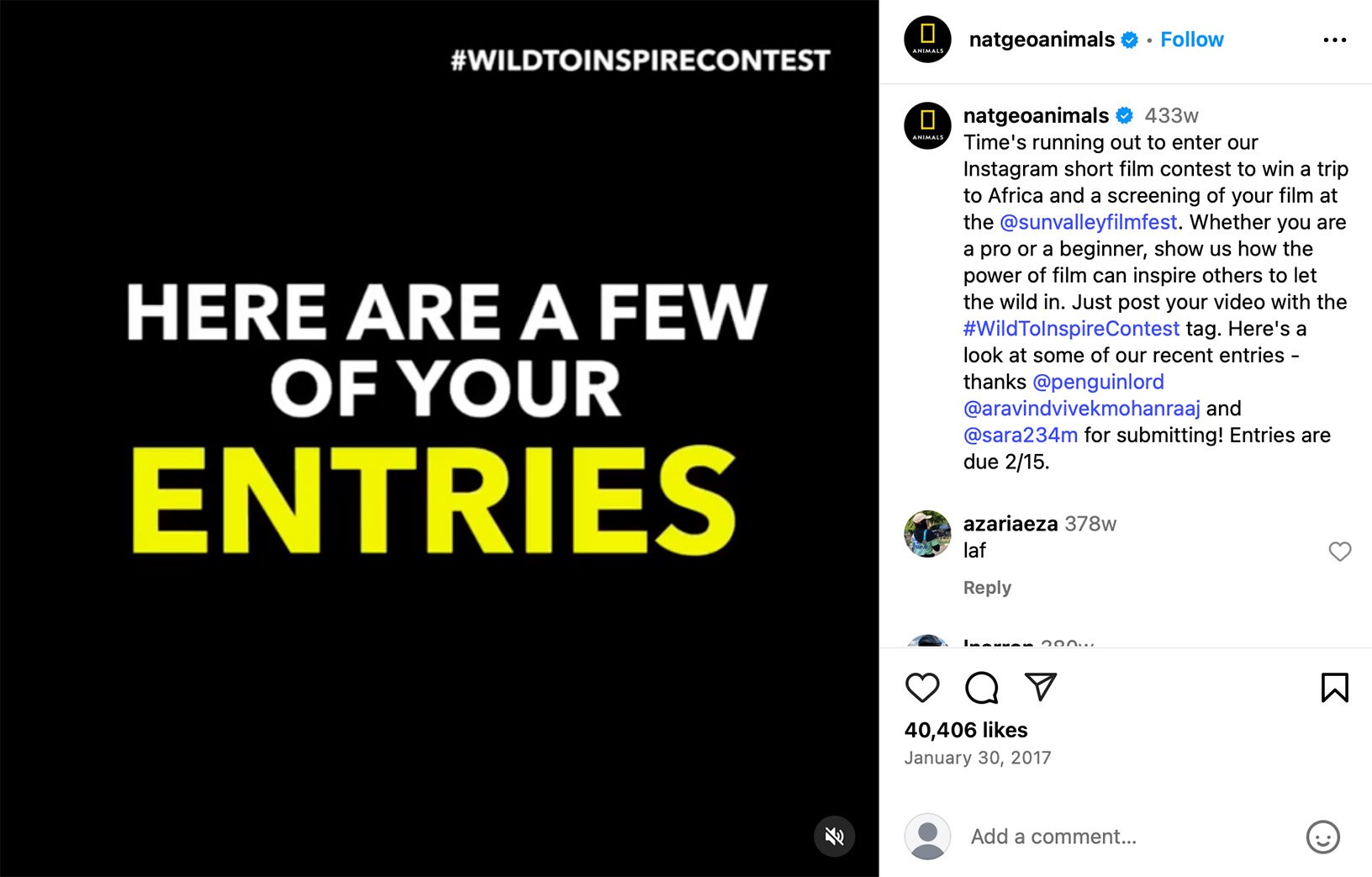 National Geographic Instagram post featuring travel photography and gear giveaway