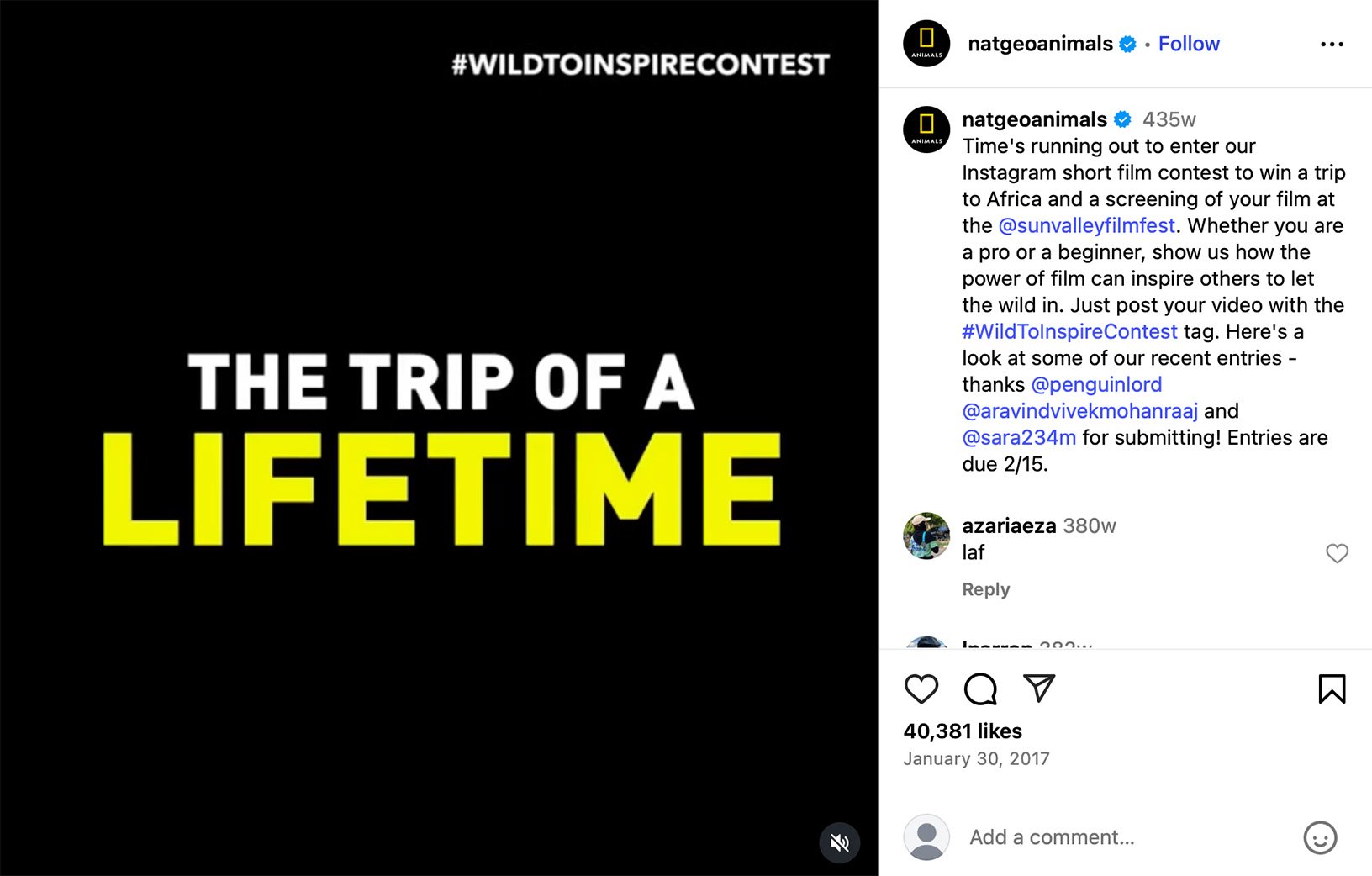 Bold text reads 'The Trip of a Lifetime' promoting a short film contest by NatGeo with a prize trip to Africa