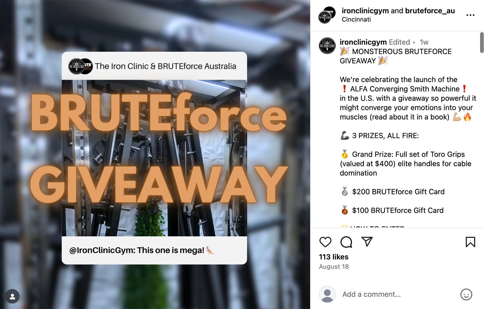 Instagram giveaway post from Iron Clinic & BRUTEforce announcing prizes including Toro Grips and gift cards