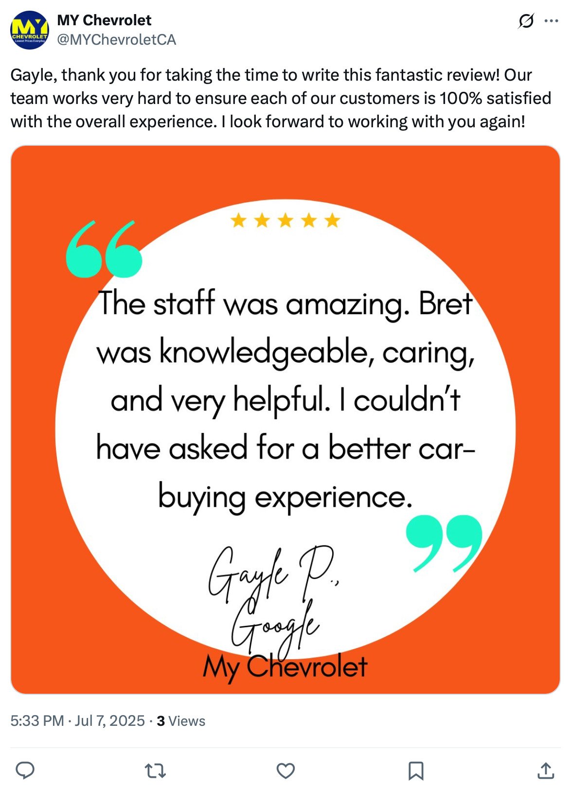 Customer testimonial graphic from Gayle P. praising staff at My Chevrolet for their helpful and caring service