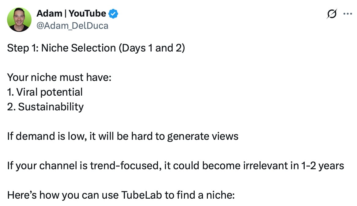 Tweet by Adam Del Duca explaining how to choose a sustainable and viral YouTube niche