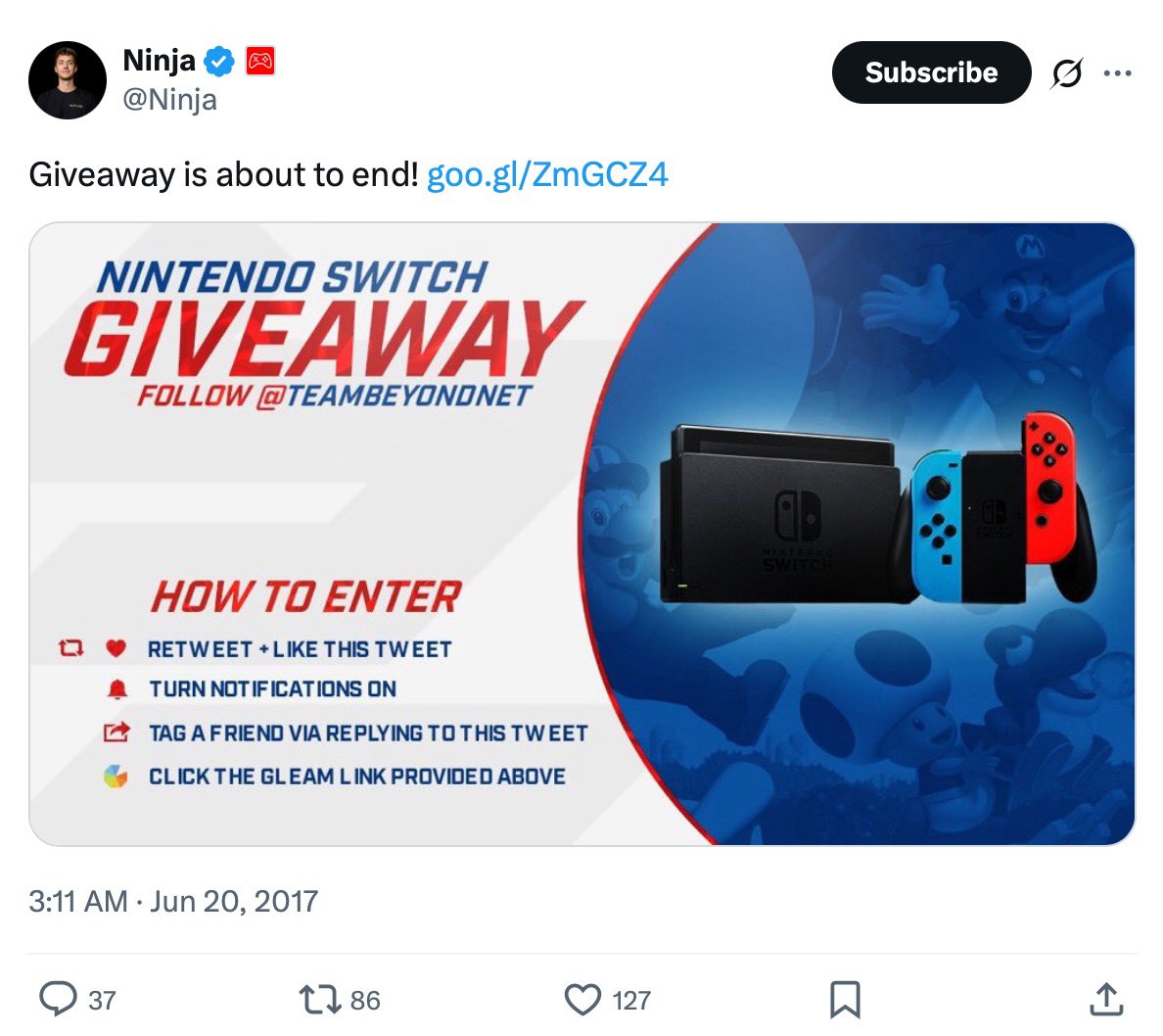 Ninja Nintendo Switch giveaway promotion on Twitter