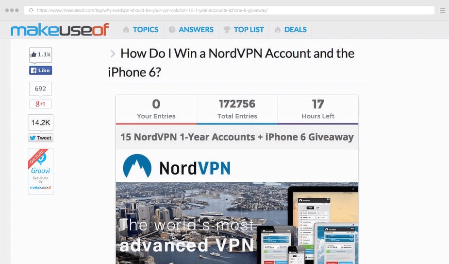 MakeUseOf's NordVPN giveaway promotion on website